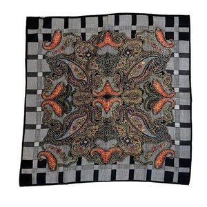 ANN TAYLOR Vintage 100% wool black/ multi plaid & paisley scarf, 34”x34”
